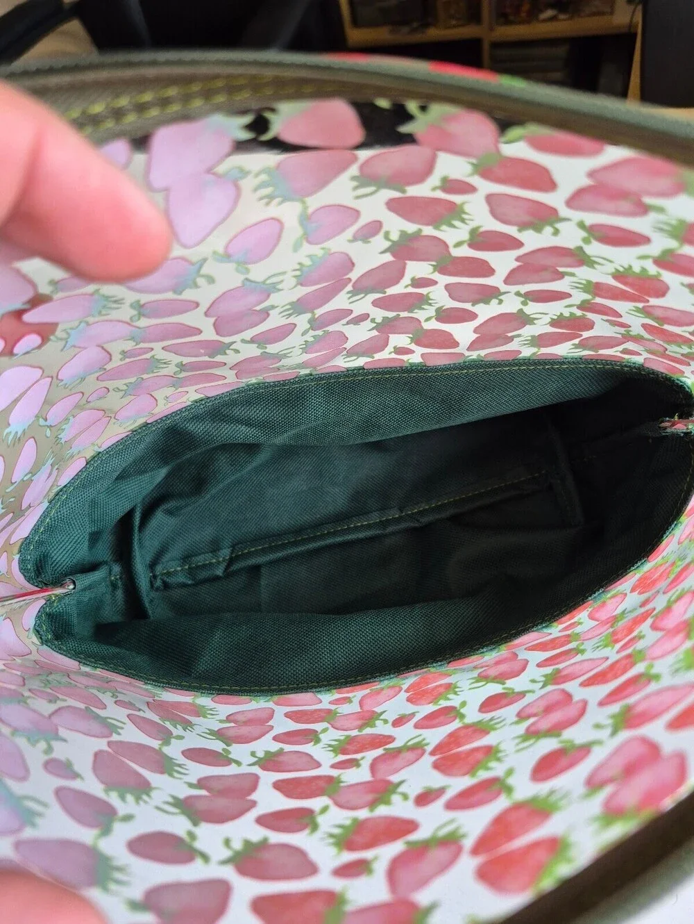 Spacious strawberry vinyl and cotton travel toiletry & cosmetic bag. sweet bag